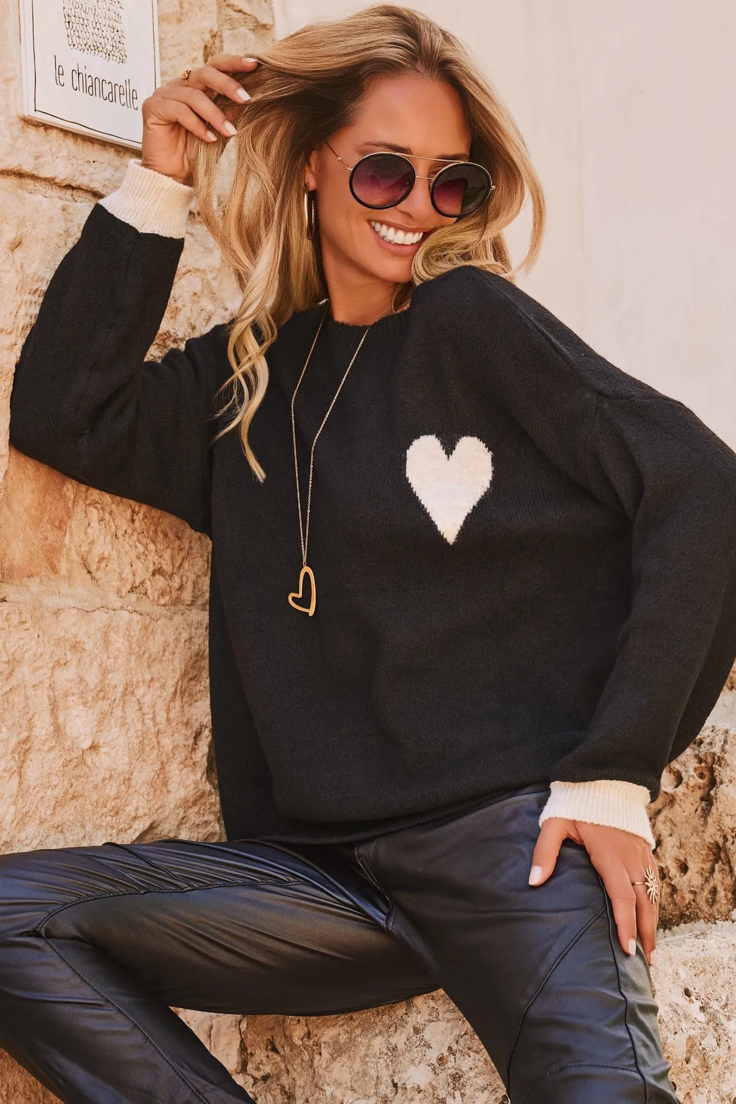 Black Heart Detail Contrast Cuffs Baggy Sweater