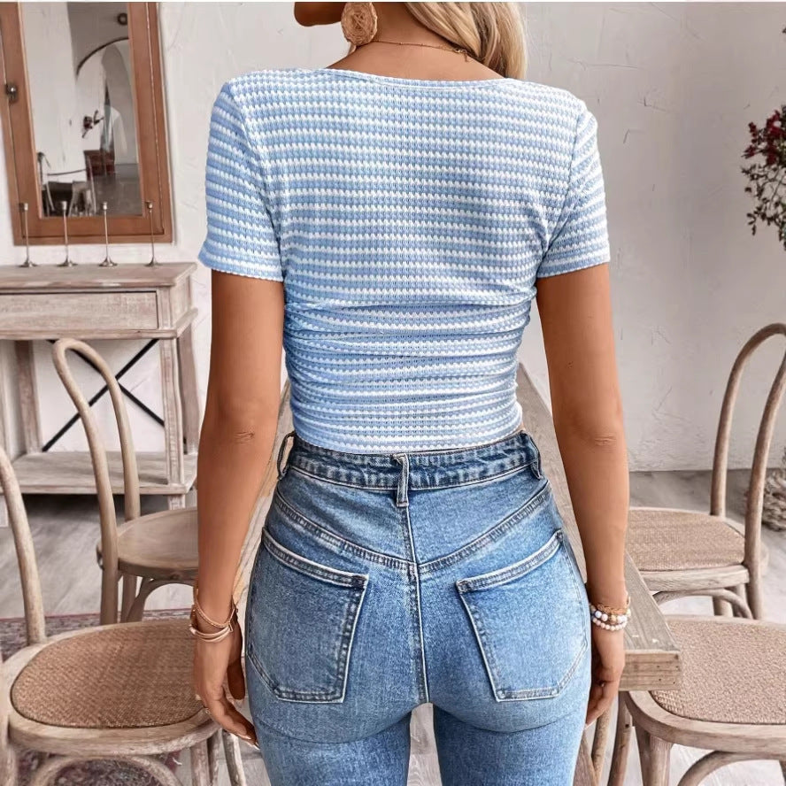 Womens Short-Sleeve T-Shirt With A U-Neck Striped Paneling And Pleated Design