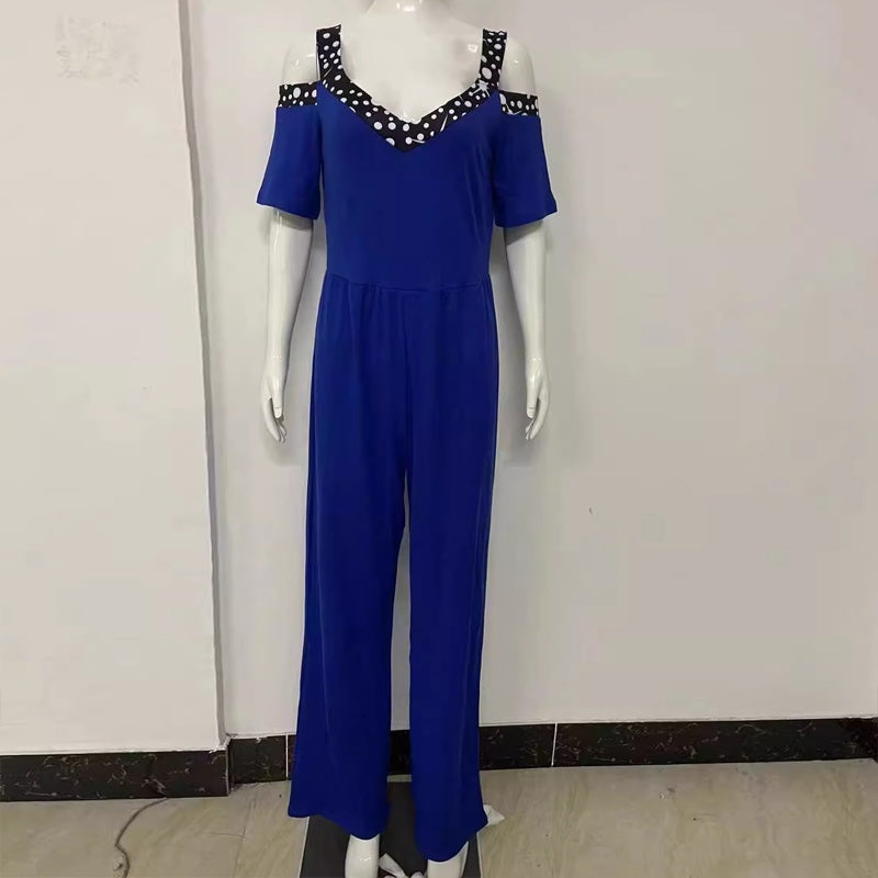Plus Size Women's Solid Color V-Neck Jumpsuit With Rhinestone Detail - Wide Leg Romper For Spring&Summer