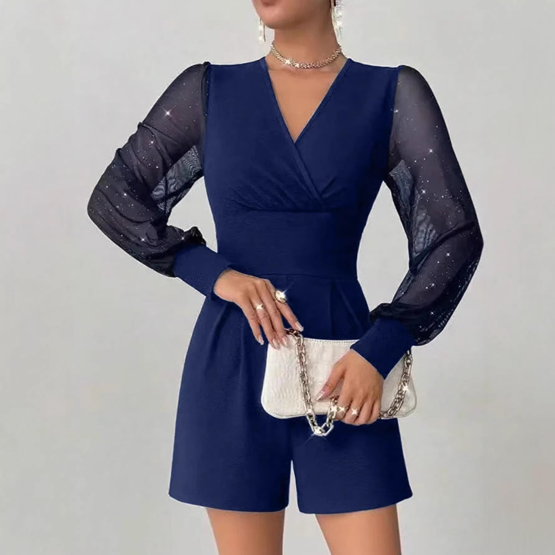 Mesh-panel Straight-cut Shorts Jumpsuit