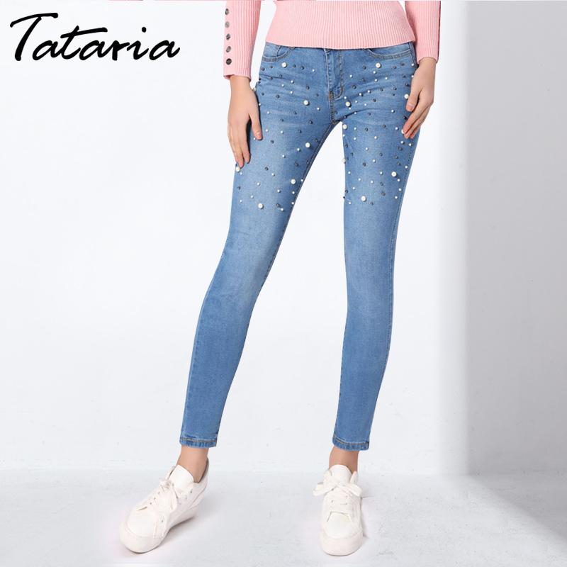 Denim Women Skinny Jeans With Pearls Pants Slim  Pearl Jeans Woman 2018 Mid Waist Pencil Jean For Women