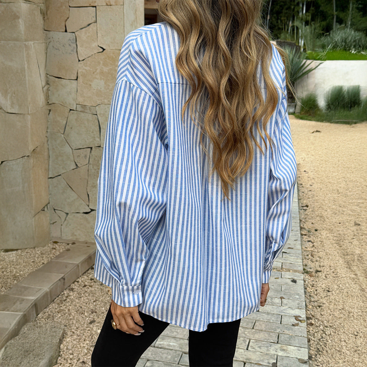 Elegant Commuter Blue And White Striped Button-Up Shirt