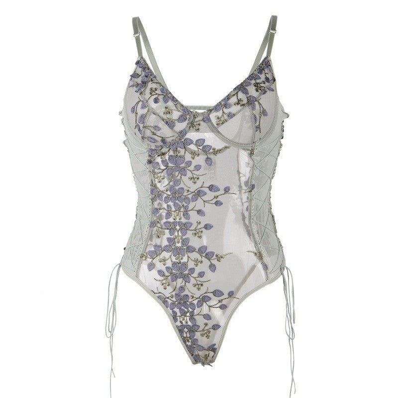 Women's Mesh See-through Embroidery Strappy Bodysuit