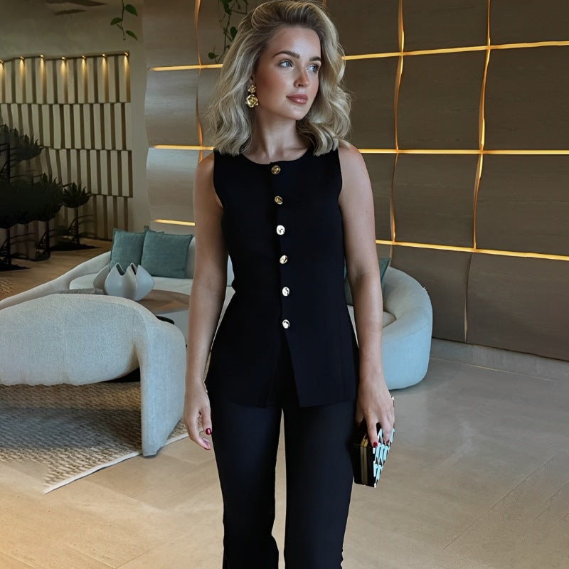 Metal Buckle Slit Knitted Vest Slim Fit Vest Foreign Trade Tup Cardigan
