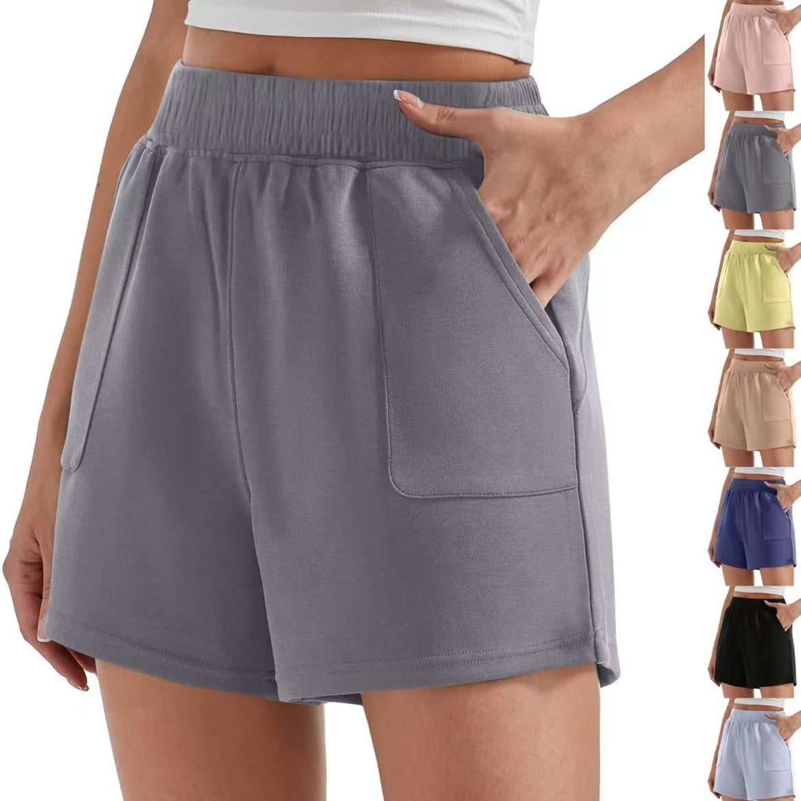 Cream Loose Waist Solid Color Sports Shorts