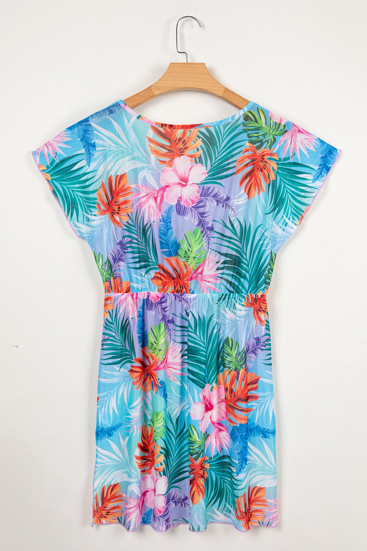 Rose Floral Print V Neck Semi Sheer Beach Cover Up Dress