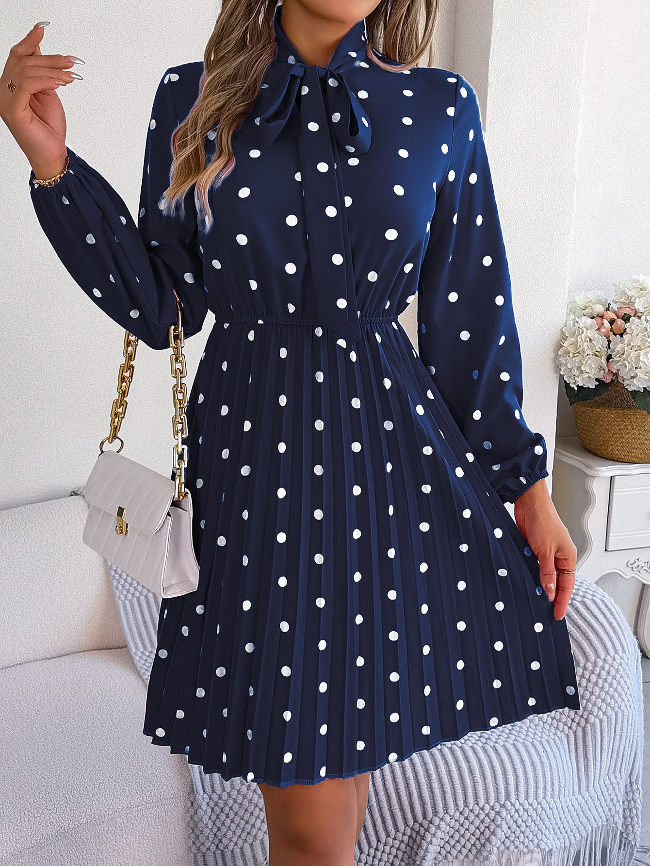 Women's Polka Dot Tie-Waist Long Sleeve Pleated Maxi Dress