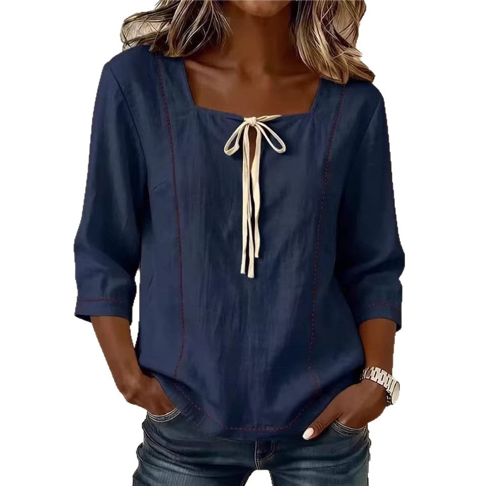 Printed Lace-Up Square-Neck Mid-Sleeve Womens Shirt