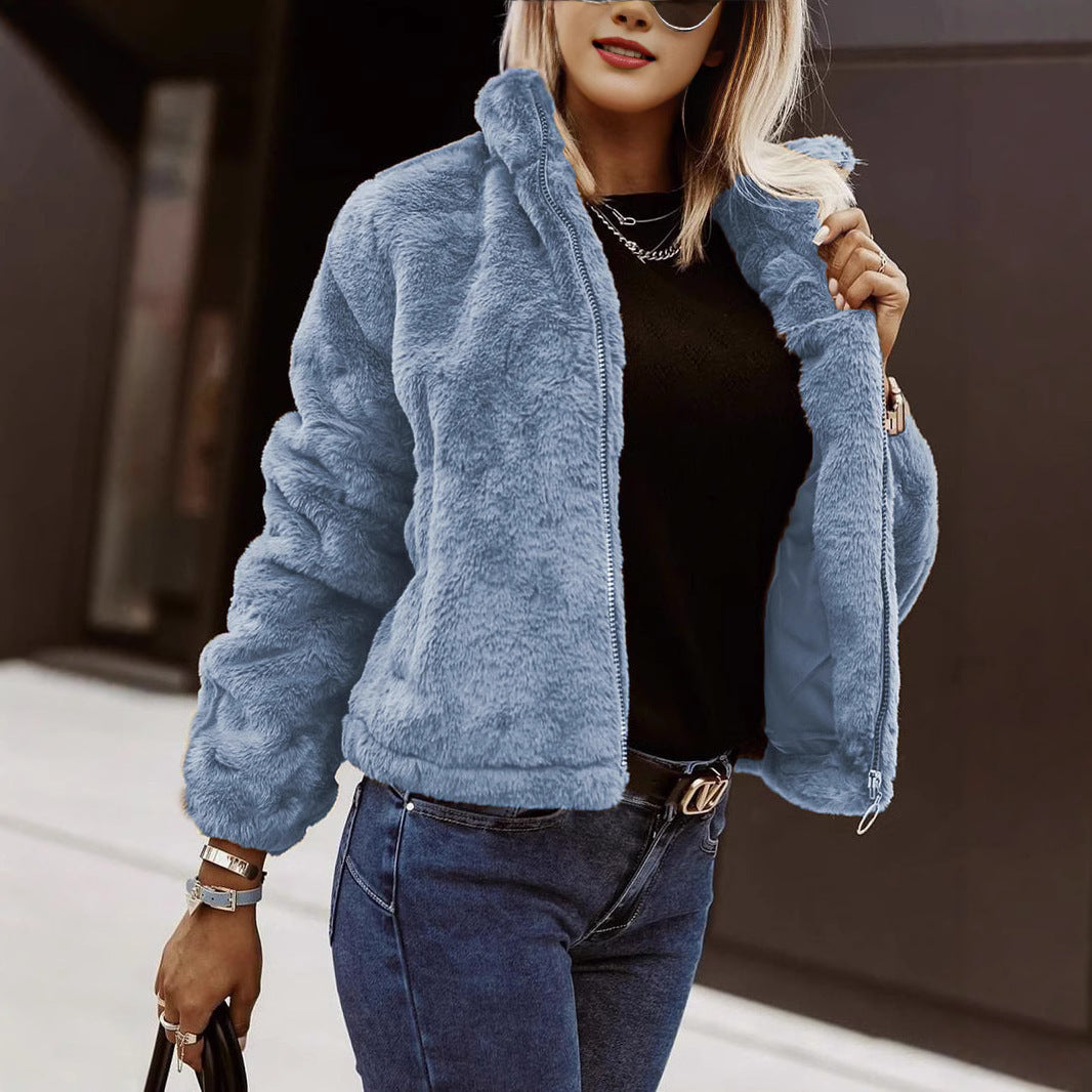 Summer Rabbit Fur Faux Leather Zipper Cardigan Plush Warm Coat