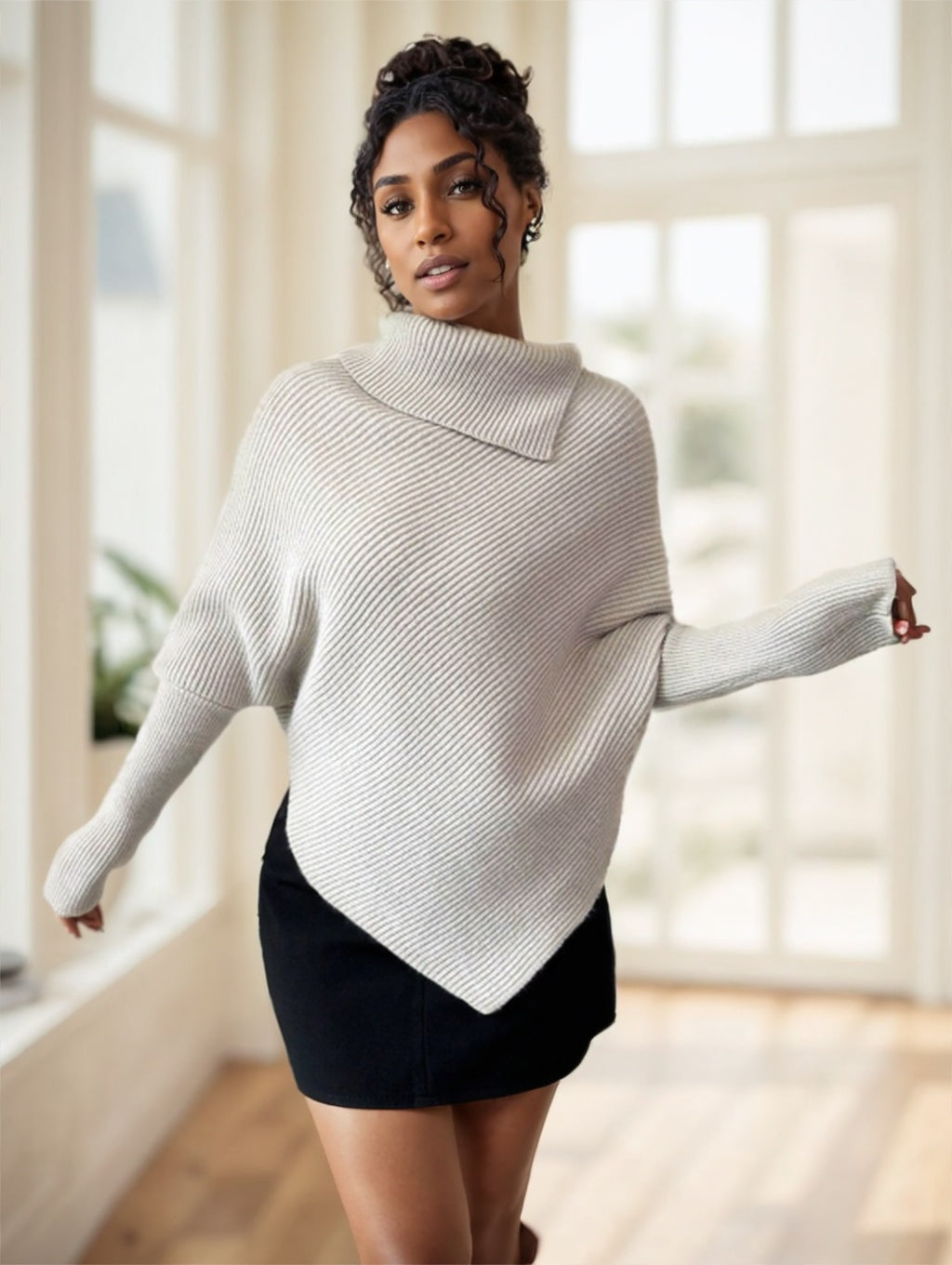 Women's Black Asymmetrical Turtleneck Sweater