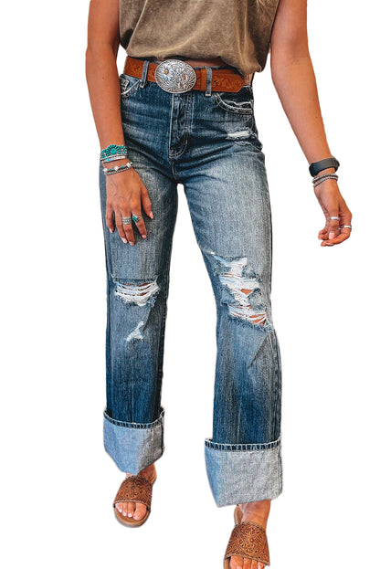 Jeans strappati a vita alta lavati minerali blu scuro