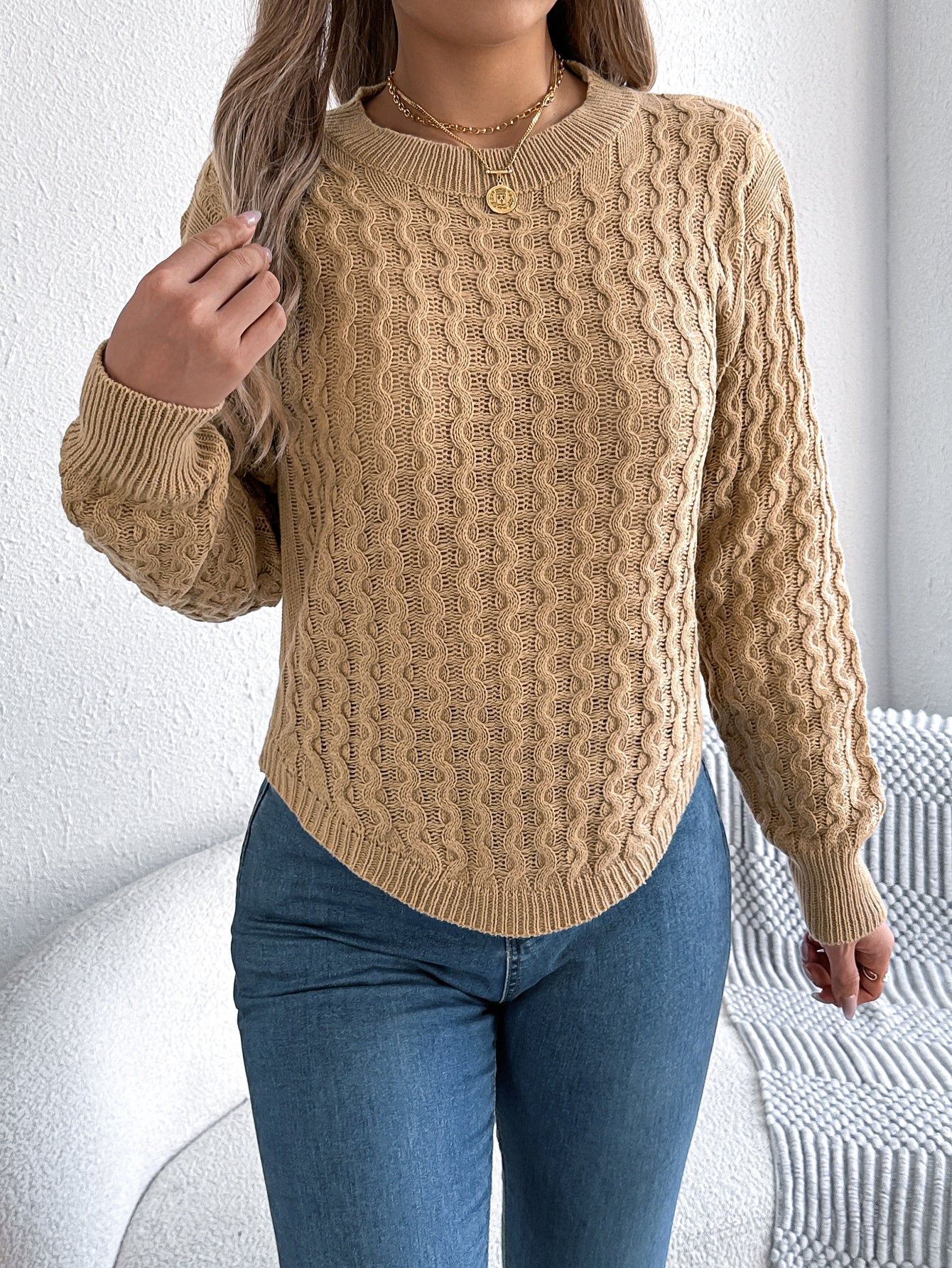 Women Casual Solid Color Cable Knit Lantern Sleeve Irregular Pullover Sweater