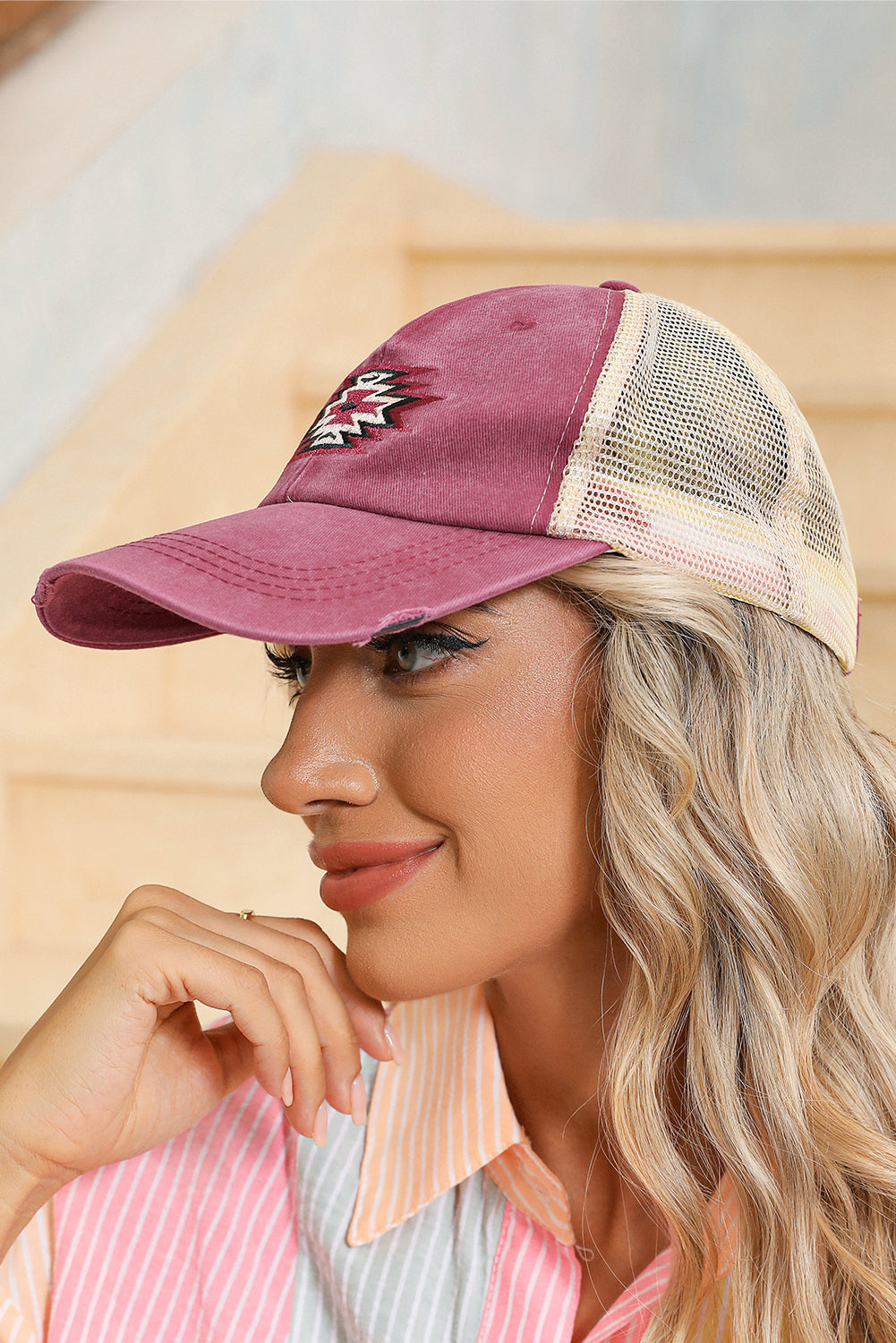 Coral Geometric Pattern Distressed Baseball Cap