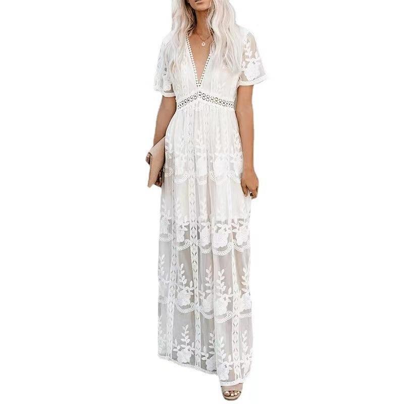 Lace long sleeved V-neck solid color chiffon summer dress