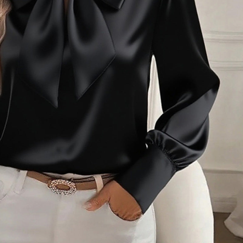 Women's Solid Color Satin Long Sleeve Casual Shirt With Bow Decor Blouse Spring Fall Daily Wear Top