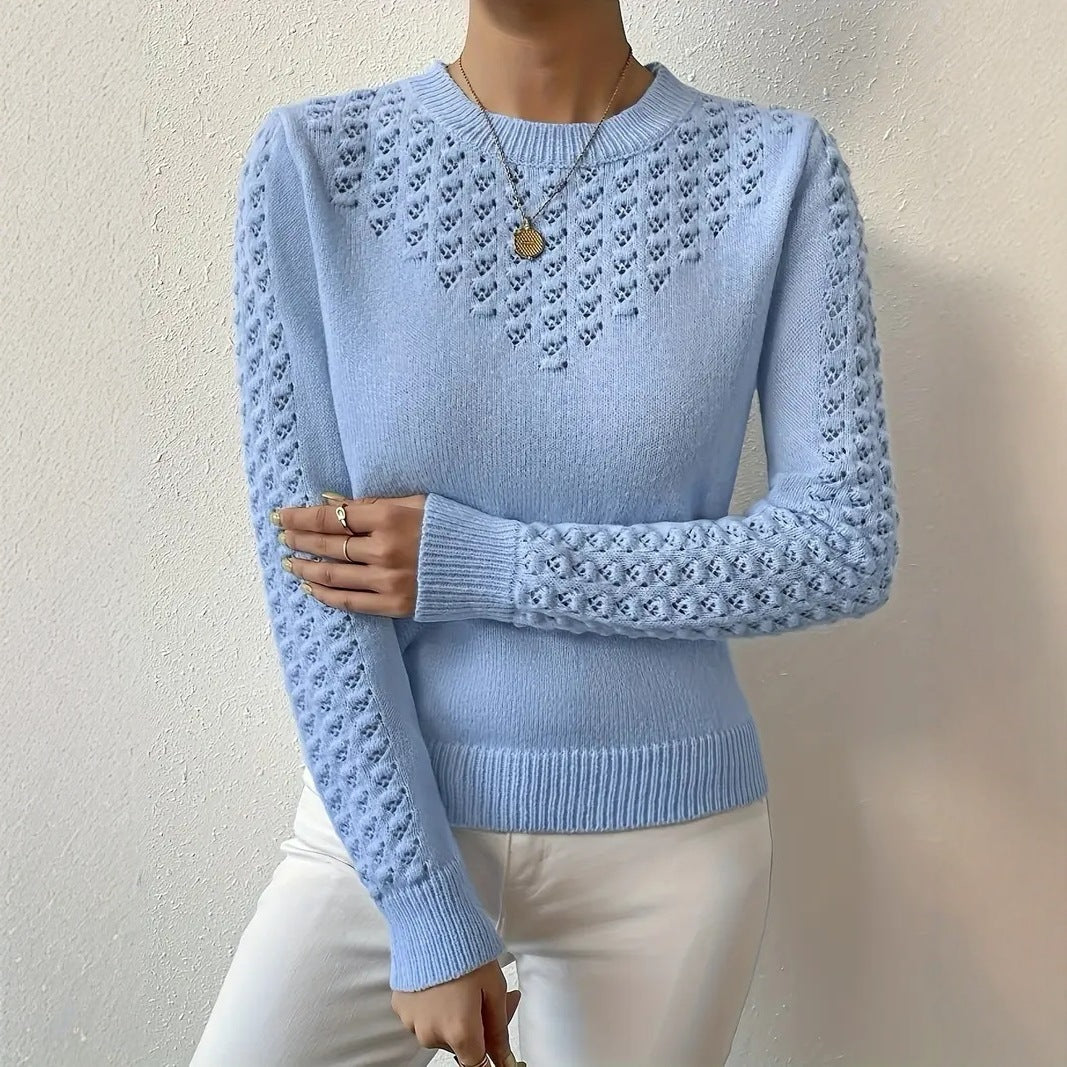 Womens Hollow-Out Knitted Sweater With A Crew Neck And Long Sleeves, Slim-Fit Design