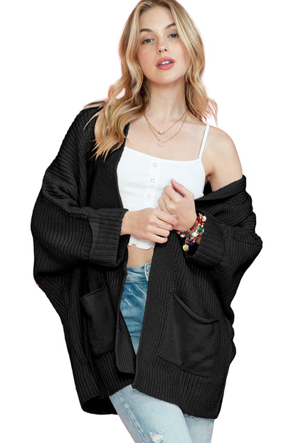 Black Batwing Sleeve Pocket Oversized Cable Knit Cardigan