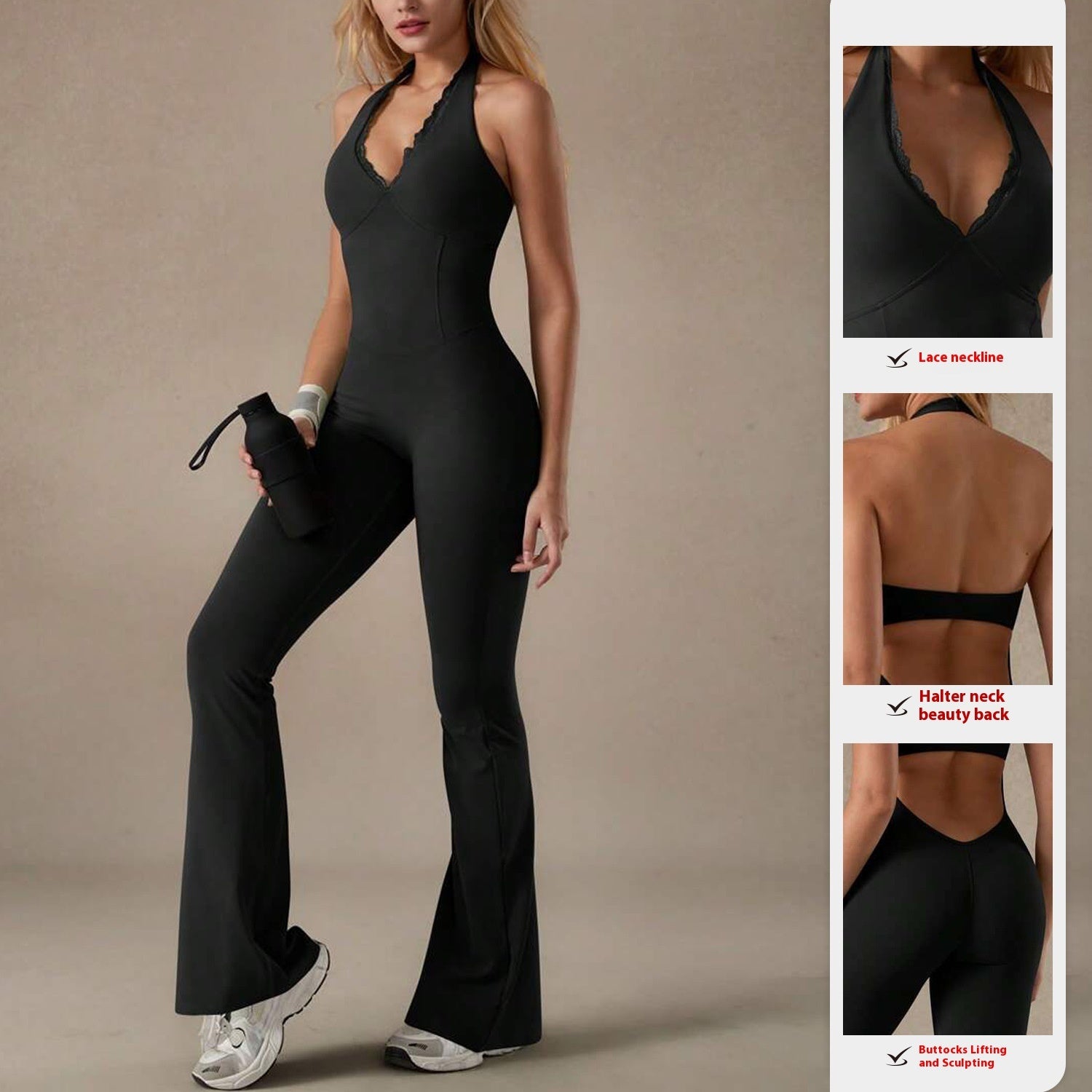 Lace Neckline Yoga Clothes Trousers Running Sports Neck-hanging Jumpsuit