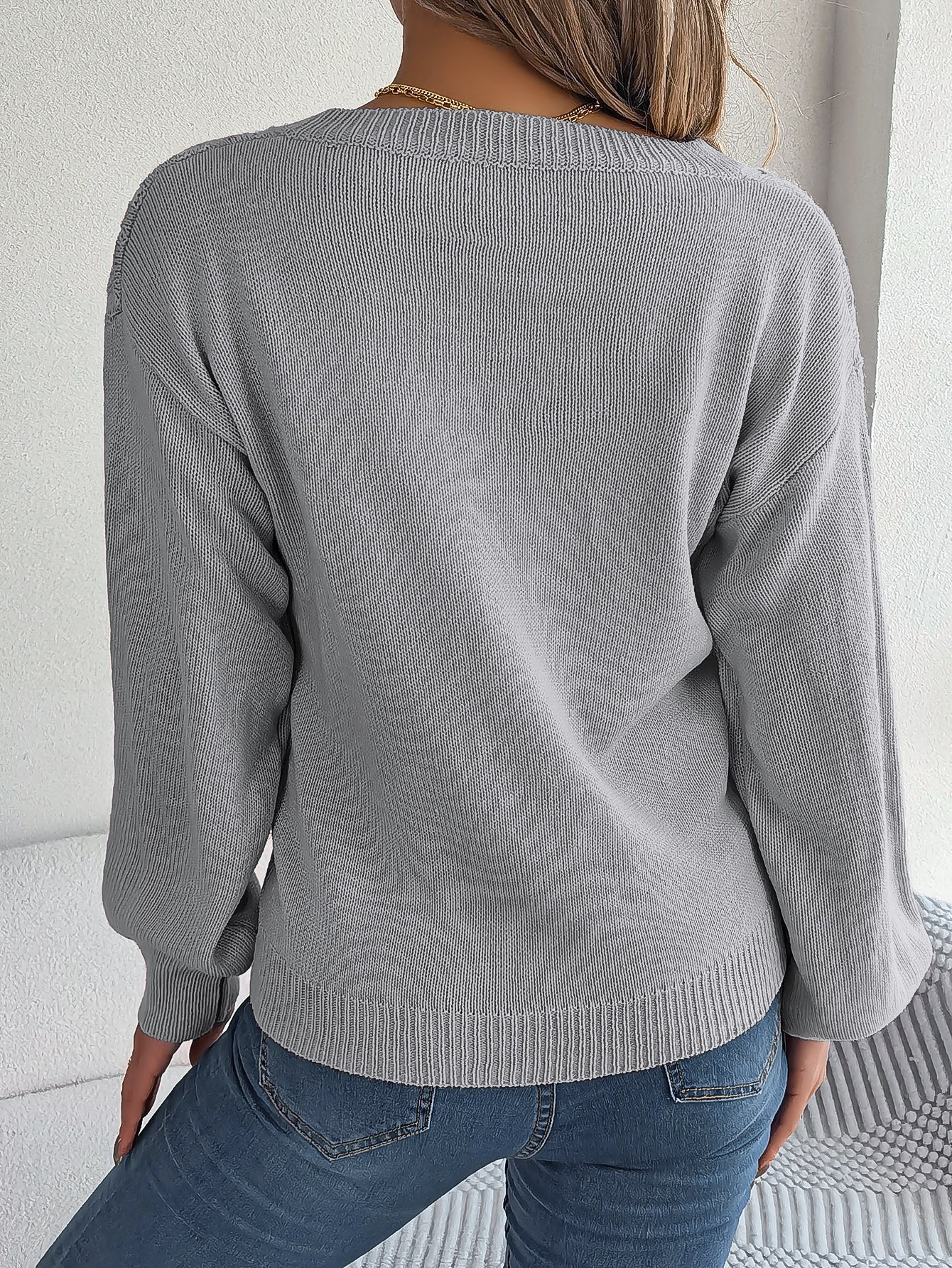 Women Casual Button Cable Knit Lantern Sleeve Pullover Sweater
