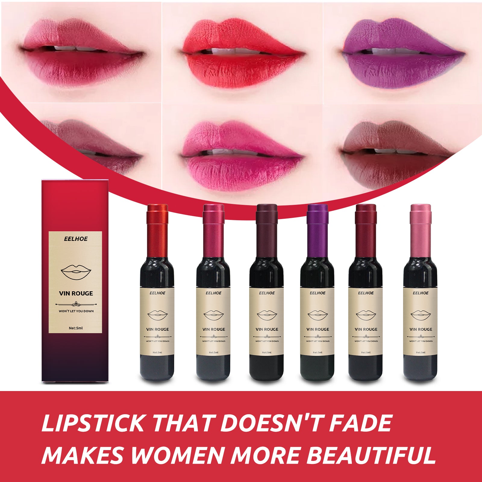 Vin Rouge Lip Tint, Non-Stick Cup Color Development Portable Waterproof Non-Fading Moisturizing Red Wine Bottle Lip Glaze
