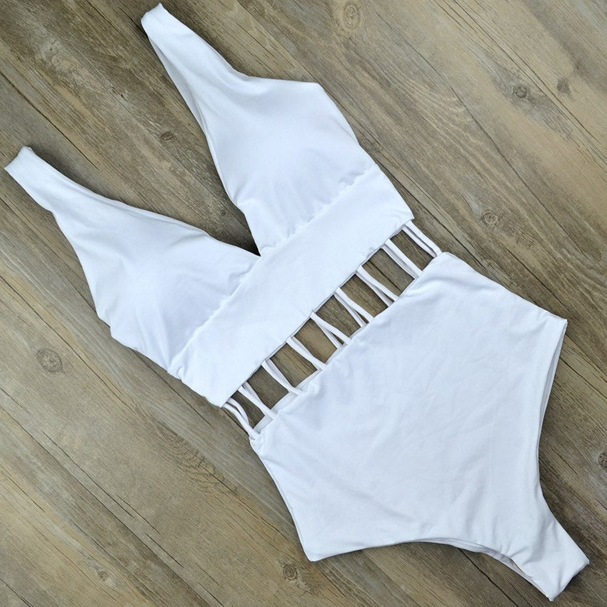 Sexy Deep V One Piece Swimsuit White Monokini Thong Swimwear Women Trikini Hollow Out Swim wear Bathing Suit Mujer Triquini