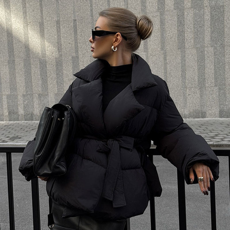 Waist-controlled Lace-up Lapel Long Sleeve Cotton Jacket