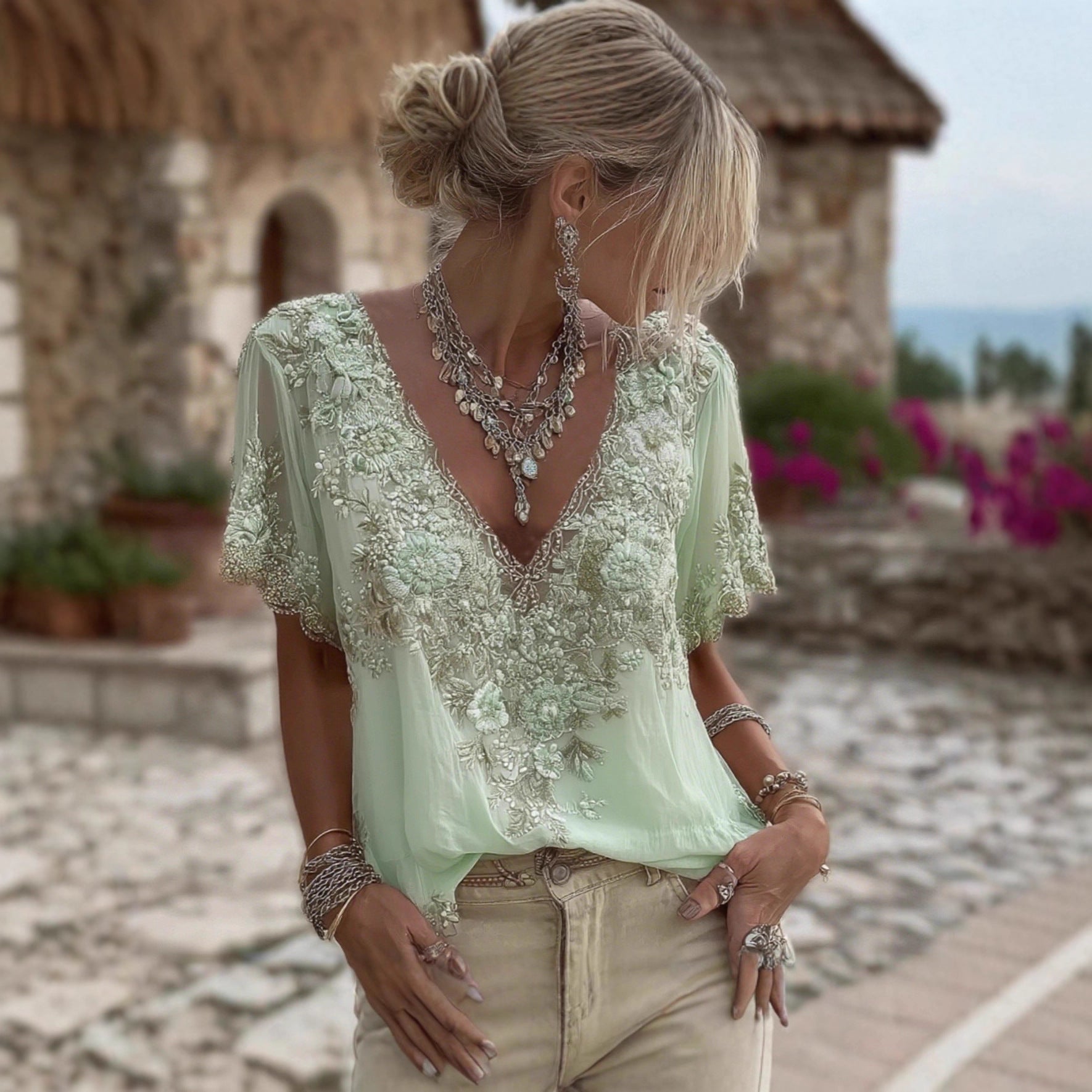 Womens V neck 3D printed Short sleeve Top With An Elegant  Artistic  And Vintage Vibe