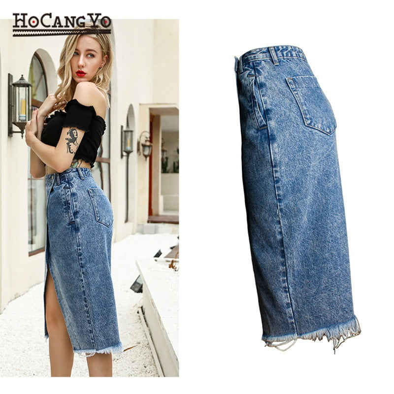 Women Midi Skirts High Waist Large Size Cotton Jeans Skirt Women Casual Tassels Washed Denim Skirts Sexy Split MIDI Skirt