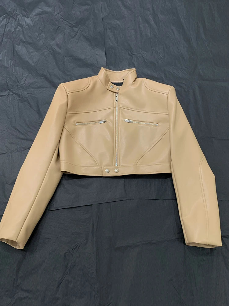 Solid Patchwork Zipper Casual Slimming Leather Coats For Women Stand Collar Long Sleeve Minimalist Coat Female