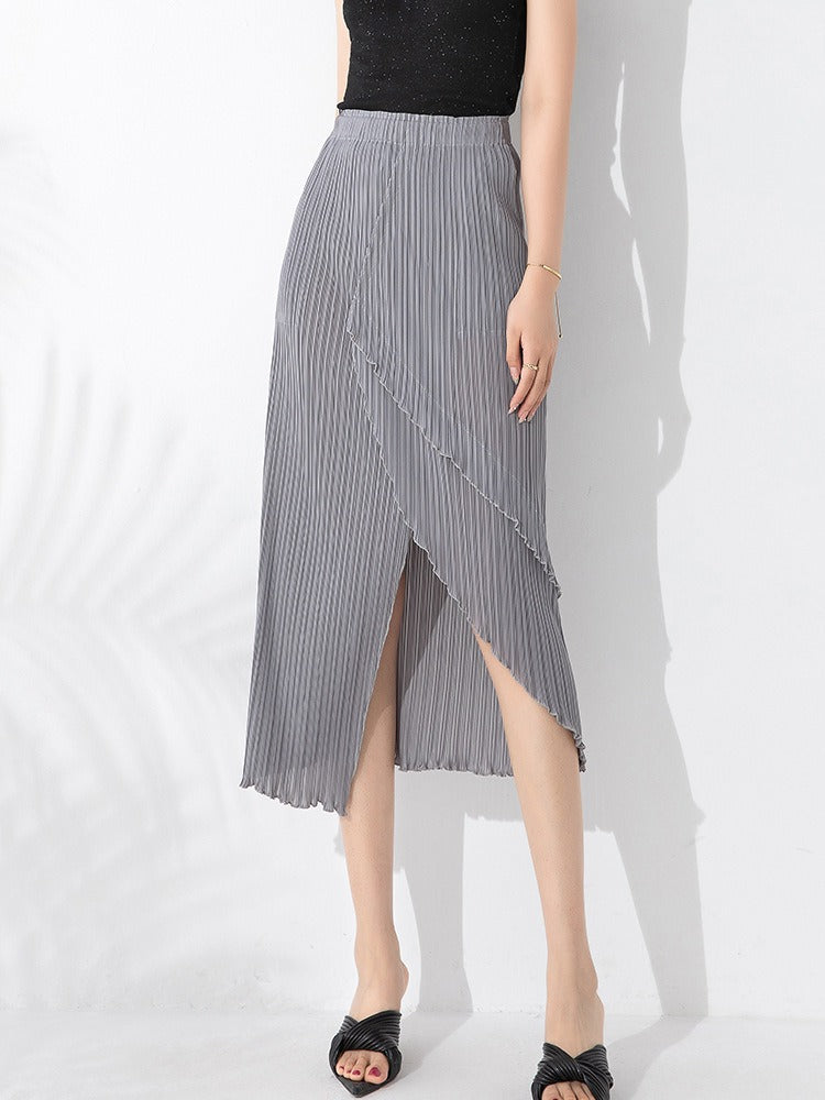 Spliced Pleated Skirt For Women High Elastic Waist Solid Color Solid Hip Wrap Split Skirts