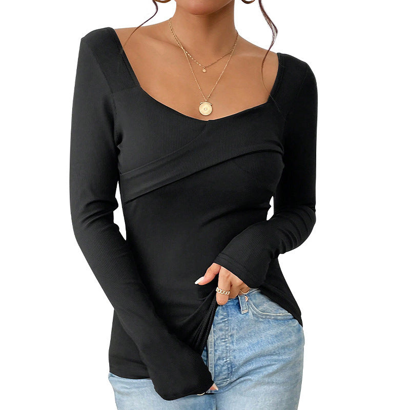 Knitted Slim-fit Design Square Neck Backless Long-sleeved Top