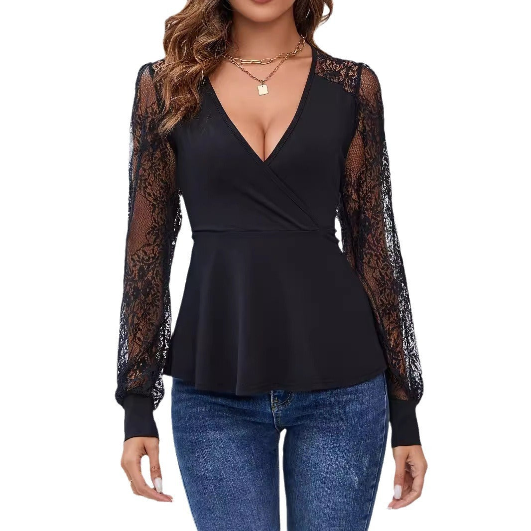 Women's Fashion Lace Stitching Cross Lantern Sleeve T-shirt Top