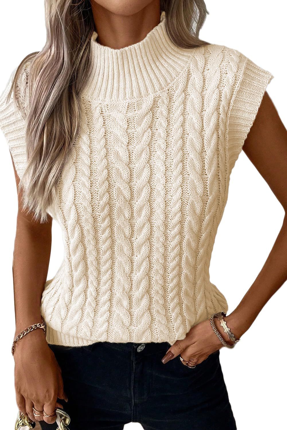 Women's Fashion Short Sleeveless High Neck Knit Sweater