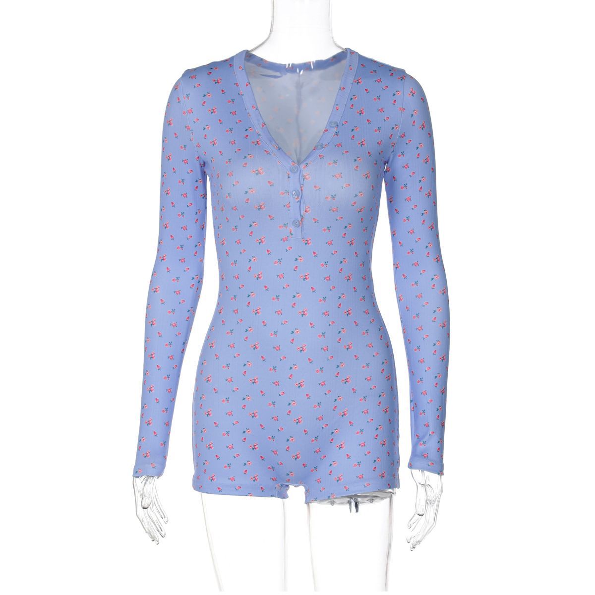 Button-front Semi-open-neck Floral-print Long-sleeve Jumpsuit Top