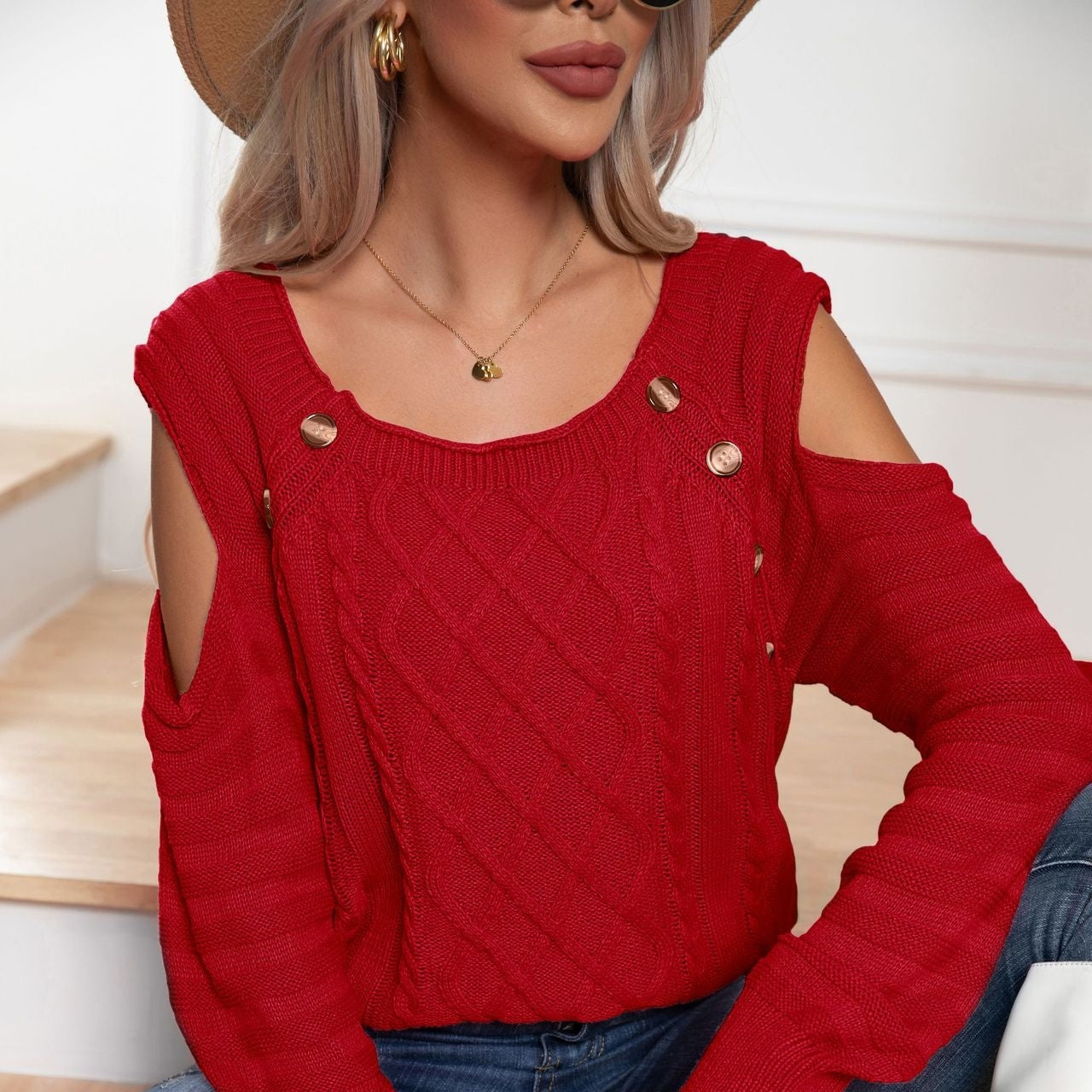 Button Square Collar Off-the-shoulder Long Sleeve Twisted Cable-knit Sweater Women