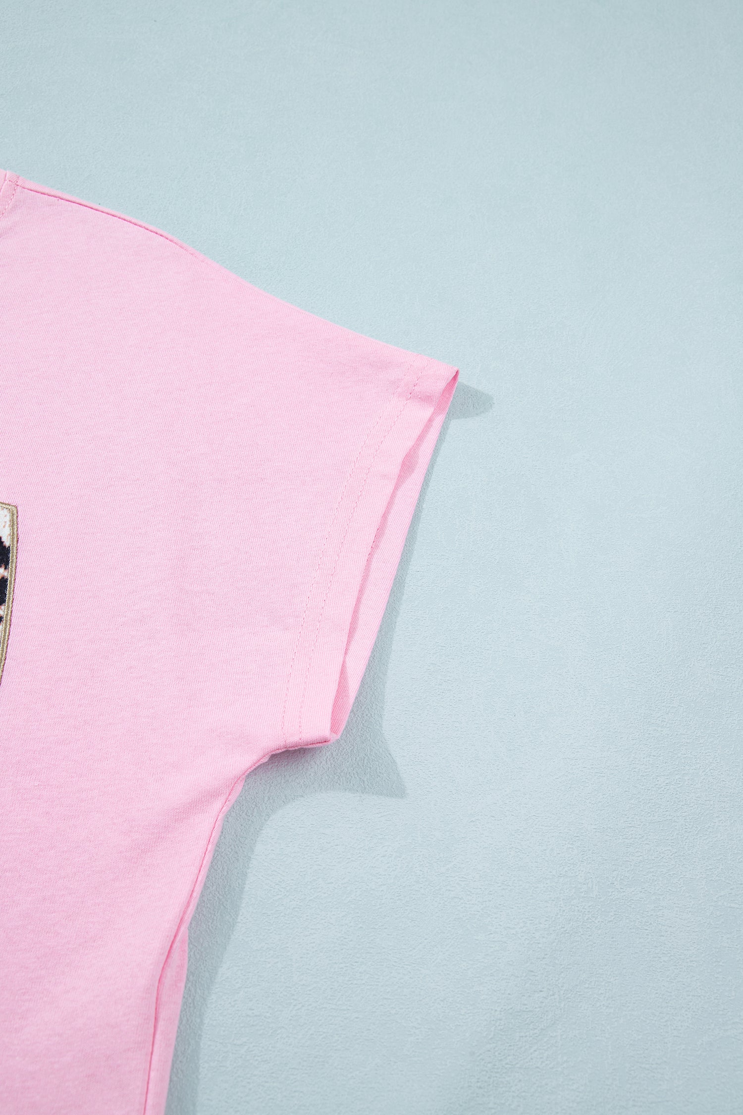 Pink Leopard Bow Embroidered Cotton Round Neck T Shirt