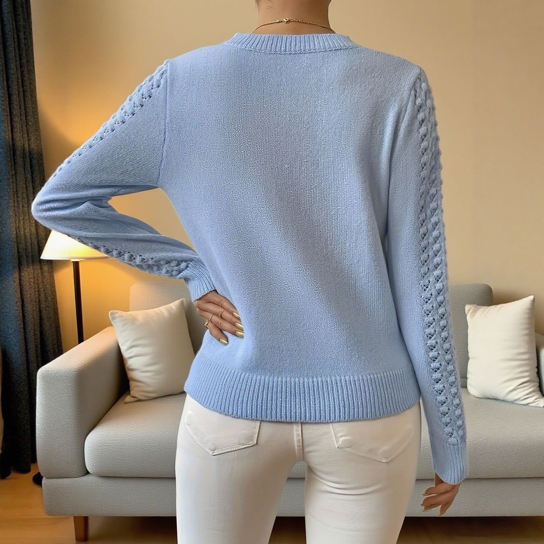 Womens Hollow-Out Knitted Sweater With A Crew Neck And Long Sleeves, Slim-Fit Design
