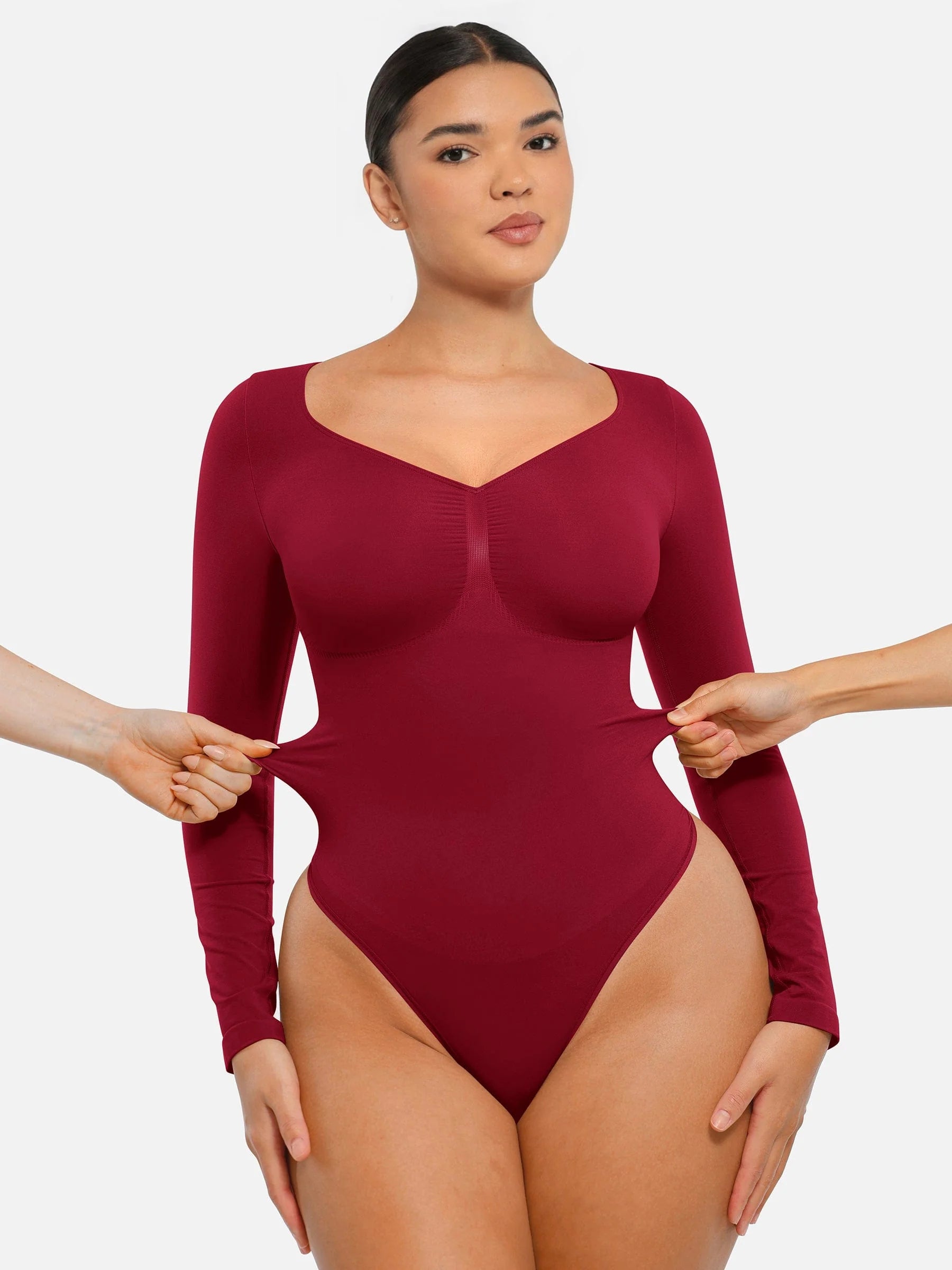Seamless Long Sleeve Chest Support Tummy Control Thong Bodysuit