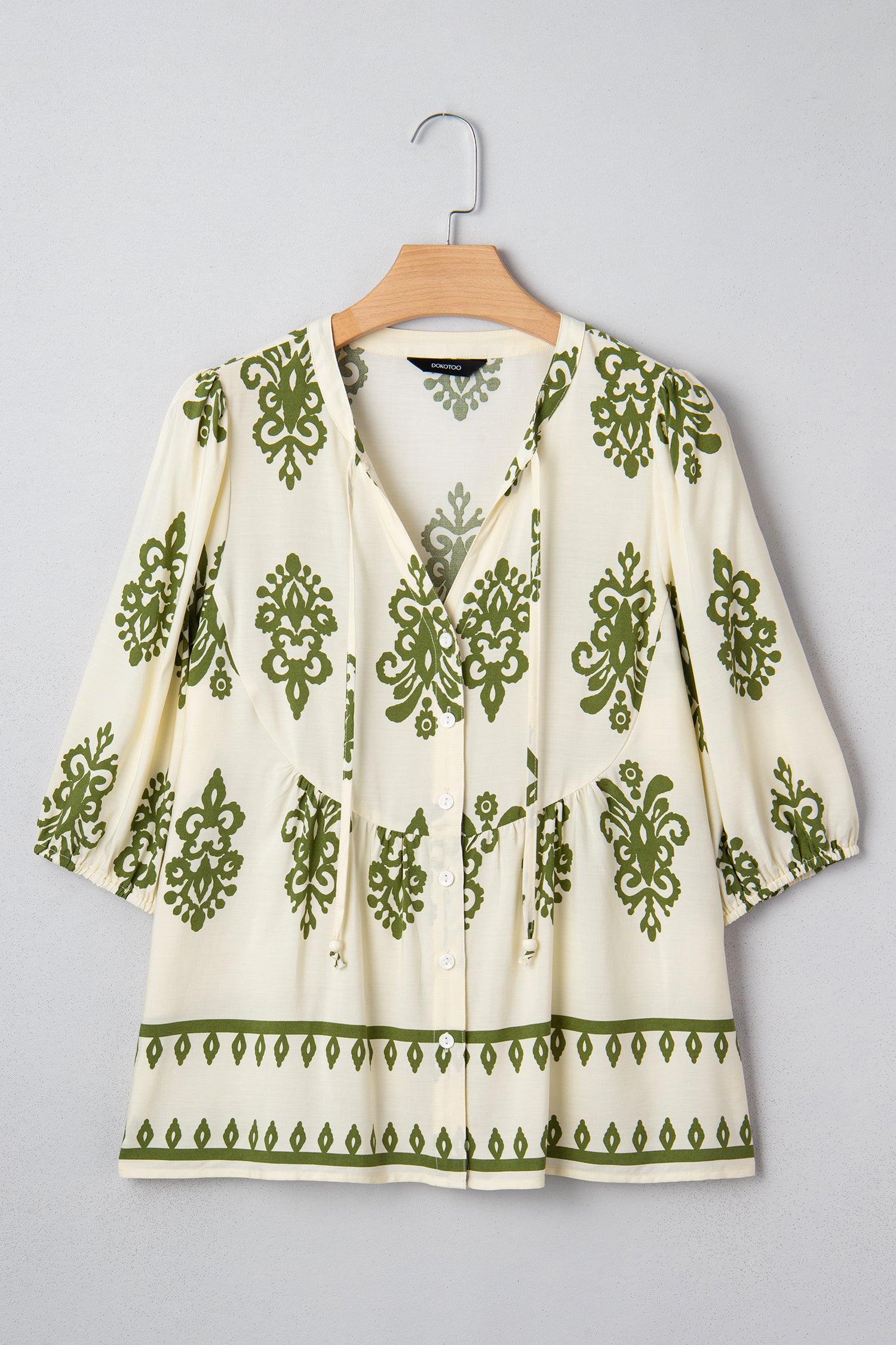 Apricot Floral Print Tie V Neck Button Down Puffy Half Sleeve Shirt