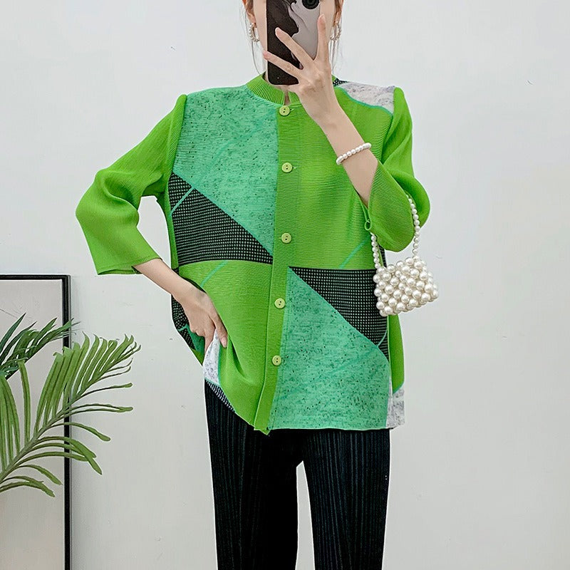 Summer new slimming and flesh covering jacket with pleated top, short westernized and age reducing high-end shirt for women