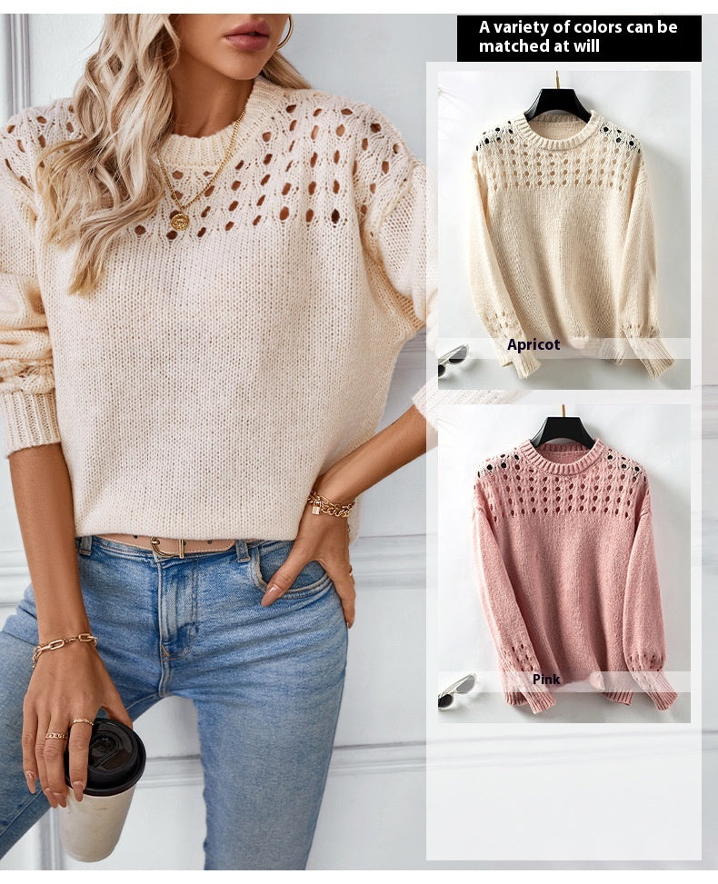 Women's Hollow Pullover Solid Color Round Neck Sweater