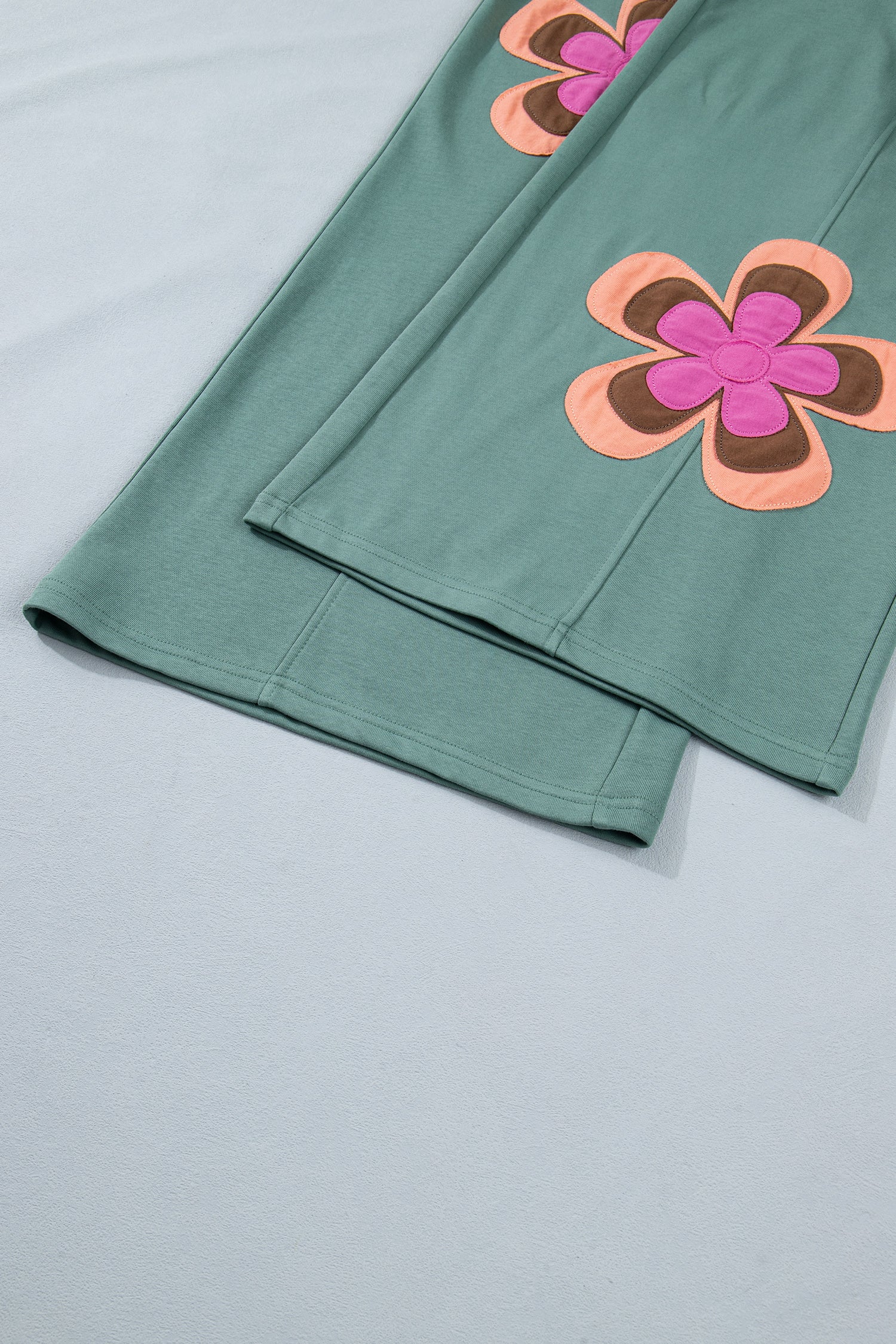 Sky Blue Color Block Flower Patchwork Drawstring Contrasted Elastic Waist Wide Leg Pants