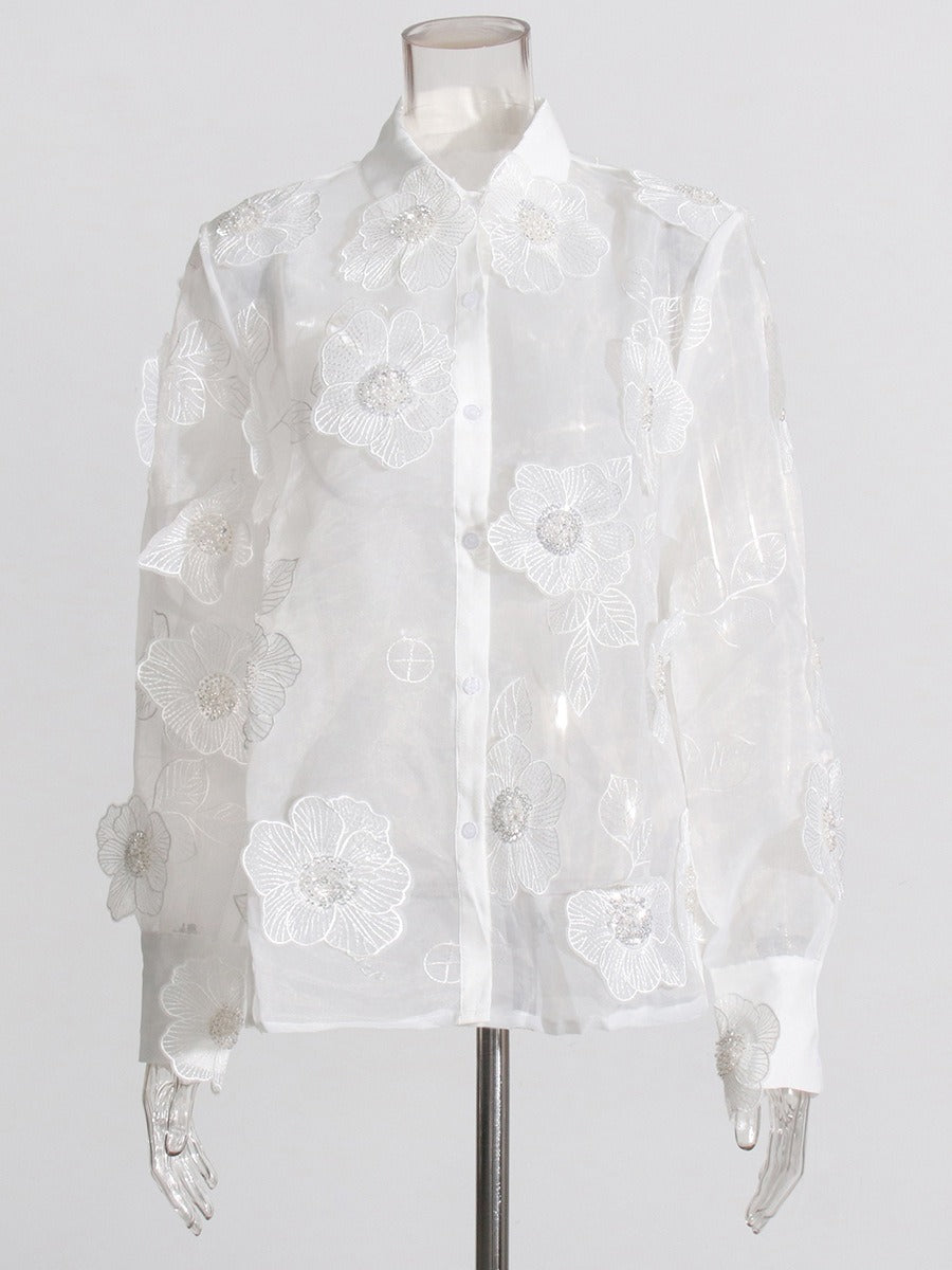 French elegant style organza lapel shirt three-dimensional flower sequined shirt top for women