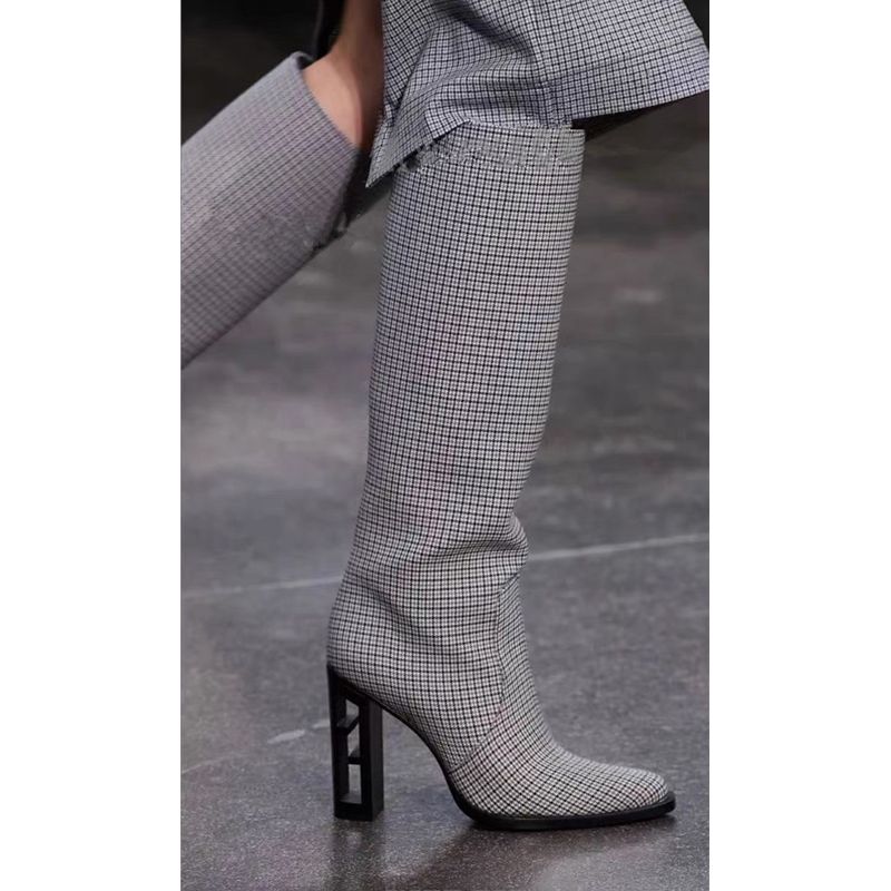 Ladies Autumn Pointed Toe Knee Boots Brand New Hollow Wooden High Heel Sexy High Boots/Red Brown/Black/Grey Plaid 34-43 Sizes