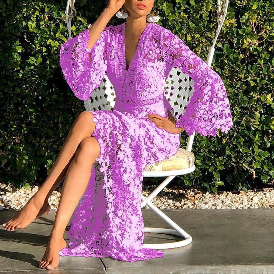 Perspective Water Soluble Lace Dress Long Sleeve Dress Long Dress Women's Sexy Style Long Dress