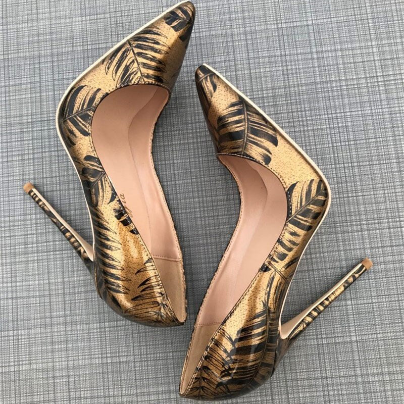 Women Pattern Printed Gold Patent Pointed Toe High Heels Plus Size 34-45 Sexy Ladies Chic Stiletto Pumps Fashion Shoes