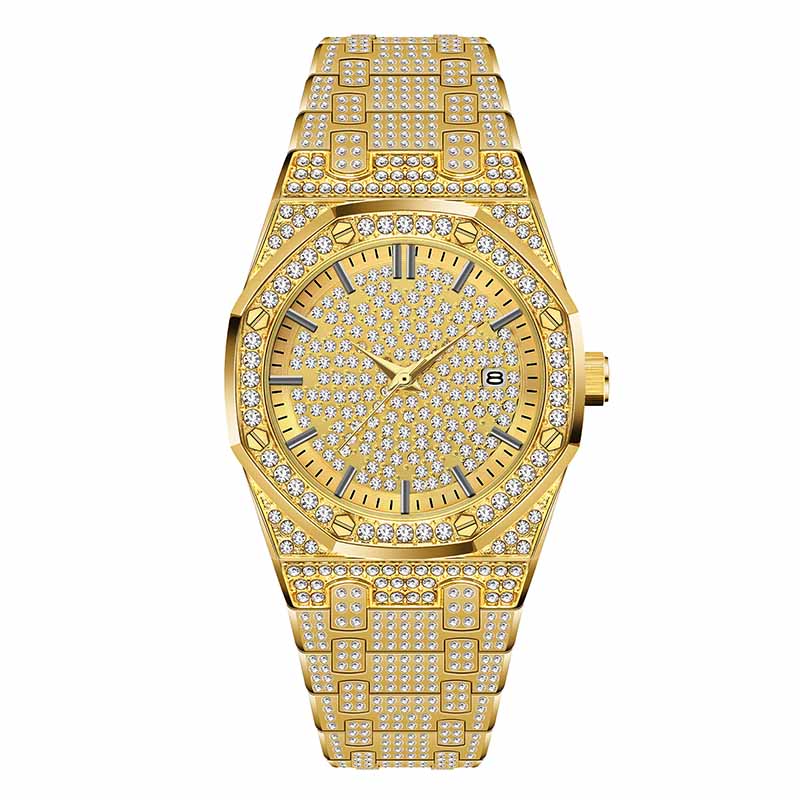 Missfox V294 18K Gold Watch Men Luxury Brand Diamond Mens Watches Top Brand Luxury FF Iced Out Male Quartz Watch Calender Unique Gift For Men