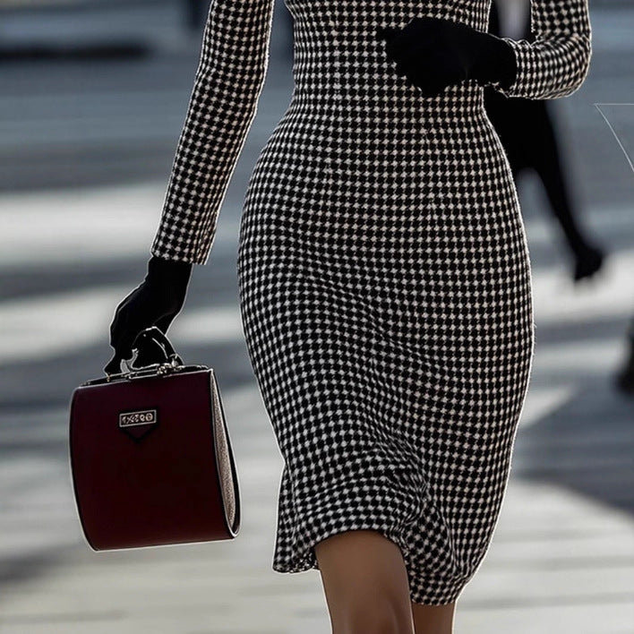 Womens Retro Elegant High-End Round-Neck Houndstooth Dress
