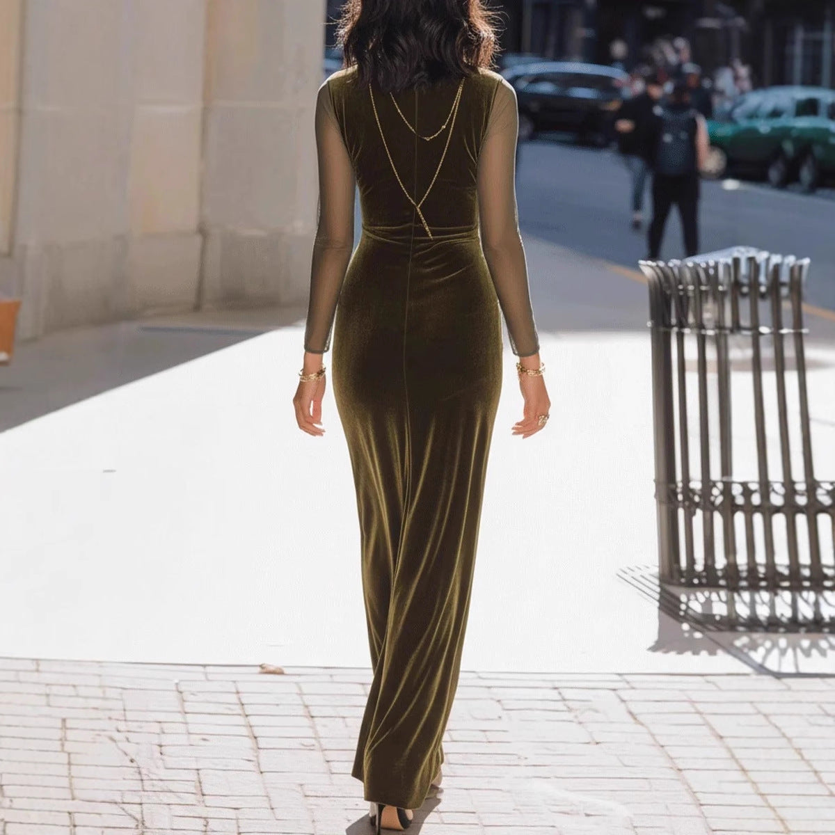 Solid-color Long A-line Skirt With A Mesh Fabric And Round-neck Pullover Design