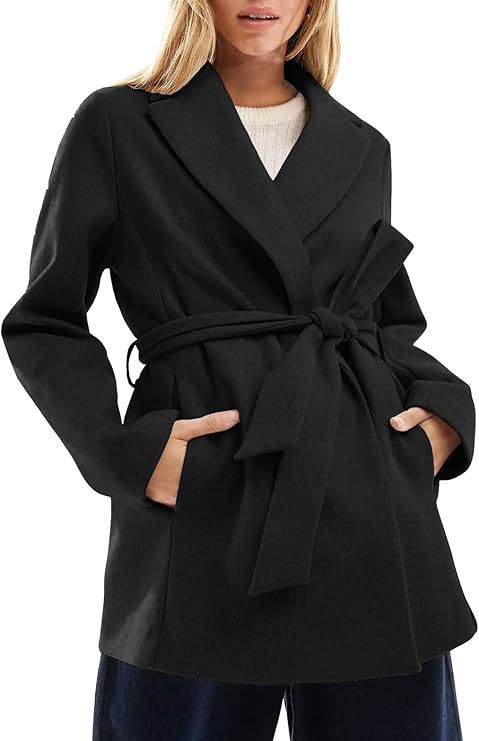 Women's Fashion Belt Notched Lapel Pea Coat